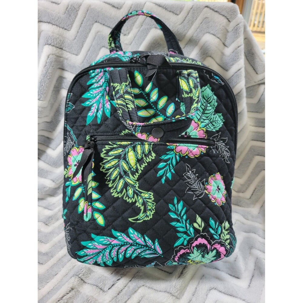 Vera Bradley Black Quilted Backpack with Teal & Pink Floral
